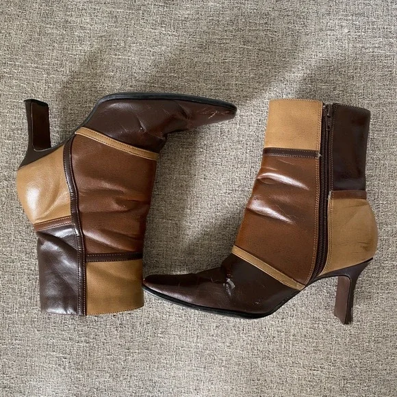 Vintage Y2K Patchwork Faux Leather Booties Boots Size 8M Square Toe Boho Brown - Picture 4 of 13